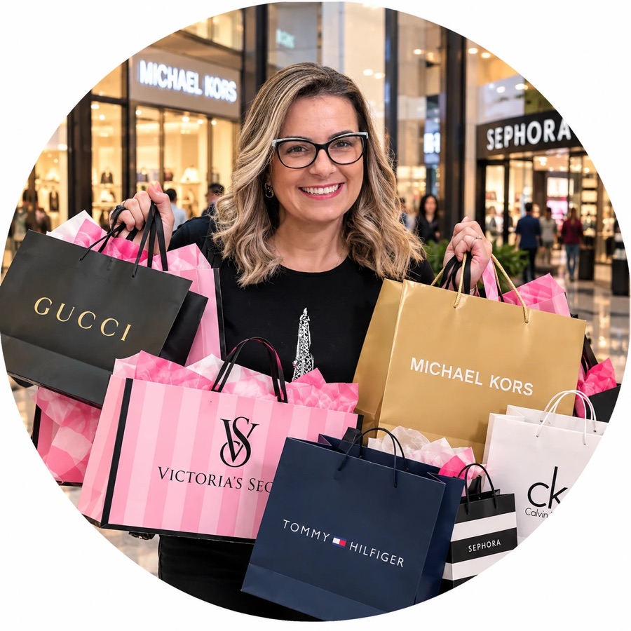 Josi Daresbach com sacolas de compras no shopping